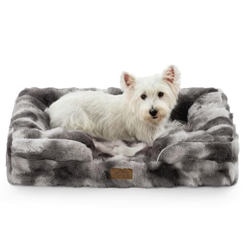 COZY KISS Orthopedic Dog Bed for Medium Small Size Dog, Soft and Warm Faux Fur Sofa for Pet Up to 40 lbs, Foam Bolster Anti-Slip Couch with Washable Removable Cover, M 30x20x6.5 inch, Tie Dye Grey - Image 1