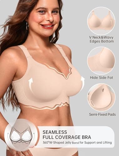 OEAK Womens Seamless Scalloped Bras No Underwire Push Up Full Coverage Bra Comfortable Soft Convertible Everyday Tshirt Bra Nude,S - Thumbnail 3