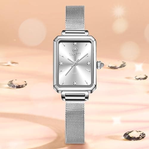 Taxau Silver Watch for Women Small Wrists Watches Luxury Silver Mesh Band Watches for Womens Waterproof Analog Quartz Casual Dress Womens Watch Square Face with Date - Thumbnail 6