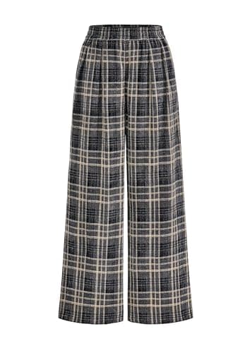 PRETTYGARDEN Casual Women's Pants 2026 Elastic Waist Palazzo Long Pajama Wide Leg Trousers Knit Fall Outfits with Pockets (Plaid Navy,Large) - Image 1