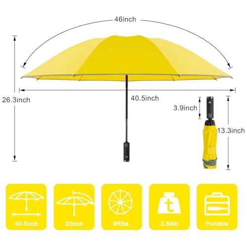 Lejorain Automatic Folding Umbrella Inverted - Upside Down Yellow Windproof Umbrella LED Flashlight Handle With Reflective Strip - Thumbnail 2