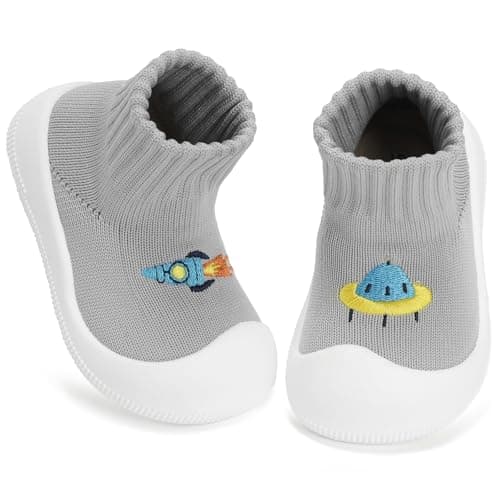 STQ KIDS Baby Boy Slippers Non Slip Babies Sock Shoes for First Walking with Soft Sole Wide Toe Box Toddler Boys Barefoot Sneakers for Prewalker Indoor Outdoor Grey Rocket Infant Size 4 (9-12 Months) - Image 1