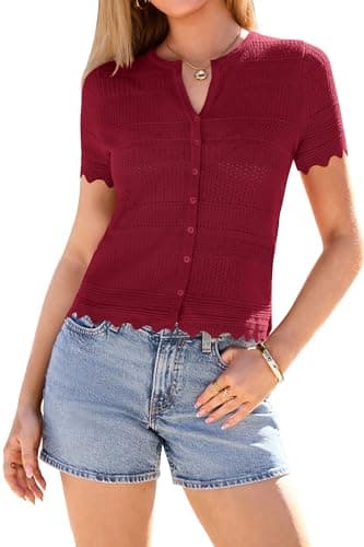 dowerme Women Summer Cardigan Sweaters 2026 Fashion Short Sleeve V Neck Crochet Crop Tops Spring Beach Vacation Clothes(Burgundy,Large) - Image 1