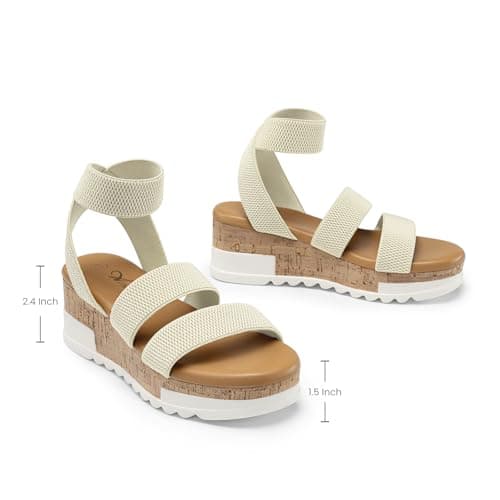 Athlefit Women's Casual Cork Platform Wedge Sandals Open Toe Elastic Ankle Strap Flatform Sandals for Summer, Beige, Size 8, AD00102 - Thumbnail 5
