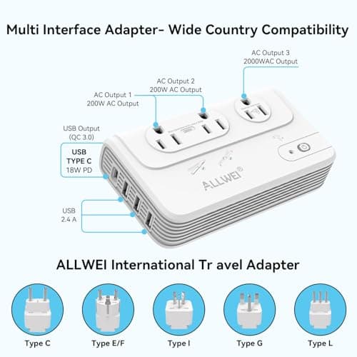 ALLWEI 2000W Travel Voltage Converter for Hair Dryer & 200W Convert 220V to 110V for Curling Iron, Straightener, Chargers, with 3 AC 1 USBC 3 USBA Ports, Travel Plug Adapter withType C, E/F, G, I, L - Thumbnail 2