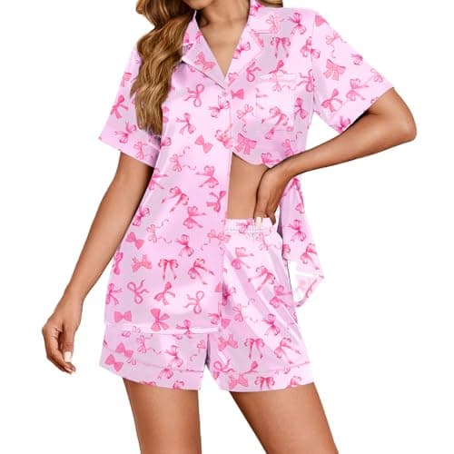 Ekouaer Womens Satin Silk Pajamas Set Short Sleeve Sleepwear Button Down Top and Shorts Loungewear 2 Piece Pjs Set S-XXL Pink Bowknots Small - Image 1