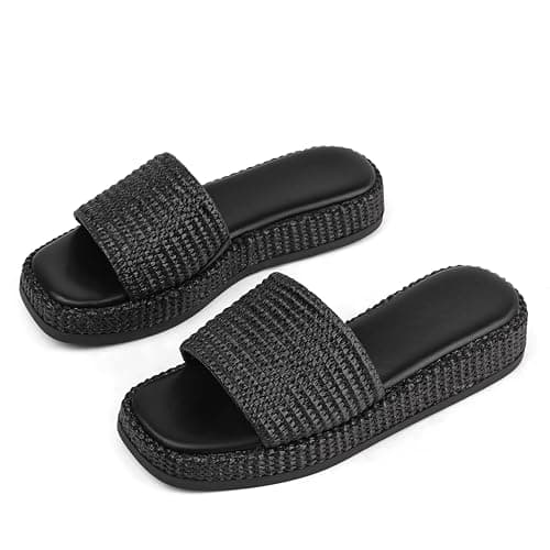 Celbreez Black Platform Sandals Espadrilles Wedges for Women Raffia Summer Sandals 2026 Slip On Low Wedge Slide Straw Comfortable Cute Beach Vacation Shoes Casual Daily Outfit - Thumbnail 6