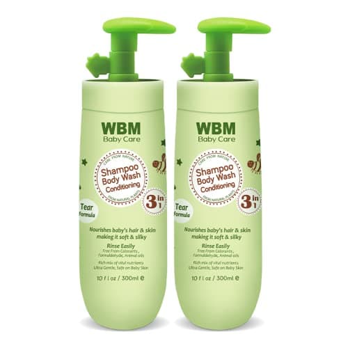 WBM Care 3-in-1 Baby Shampoo, Body Wash & Conditioner (10 oz, Pack of 2) offers a gentle, nourishing formula for baby’s hair and skin, Tear-free and hypoallergenic