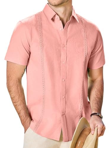 JEMLDL Men's Guayabera Cuban Shirt Cotton Linen Short Sleeve Embroidered Casual Summer Beach Vacation Shirts Flamingo Pink 3XL - Image 1