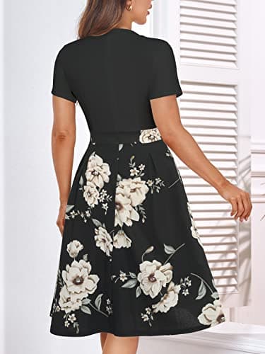 YATHON Womens Black Khaki Floral Patchwork Dresses Vintage V Neck 2024 Summer Business Office Work Party Casual Dress with Pockets(YT228-Black Khaki P2,M) - Thumbnail 2