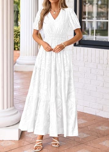 KIRUNDO Womens Boho Maxi Dress Summer Short Sleeve V Neck Floral Flowy A Line Formal Wedding Guest Baby Shower Long Dresses(White, X-Large) - Thumbnail 6