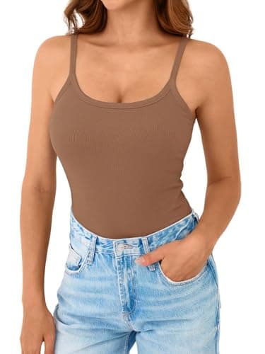 GKBK Women's Sleeveless Built in Bra Tank Top Form Fitting Scoop Neck Ribbed Knit Basic Padded Cami Shirts Brown S - Thumbnail 3