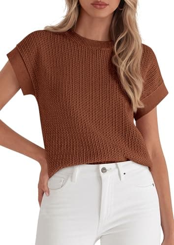 PRETTYGARDEN Women's 2026 Spring Fashion Sweater Vest Business Casual Crochet Tops Cap Sleeve Knit Shirt Beach Summer Outfits (Brown,X-Large) - Image 1
