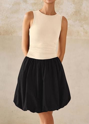 KIRUNDO Summer Bubble Dress for Women 2026 Casual Mini Spring Bodycon Cocktail Dresses Sleeveless Drop Waist Sundress Beach(Beige Black, Small) - Thumbnail 5
