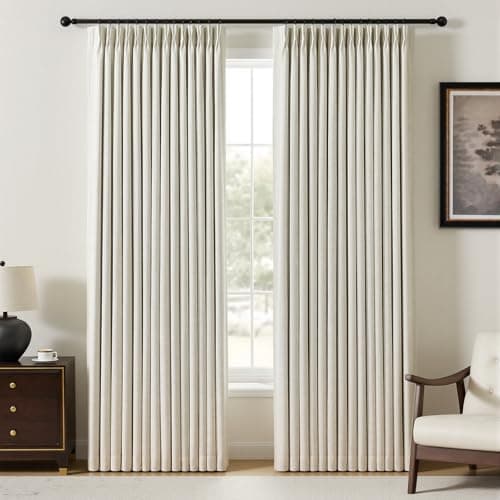 YZ HOME Pinch Pleated Linen Curtains 100% Blackout 90 Inches Long for Living Room Bedroom, Memory Trained Thermal Insulated Room Darkening Window Drapes with Rings Hooks, 2 Panels, Natural, 40"Wx90"L - Image 1