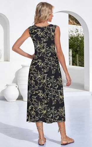 MISFAY Maxi Dresses for Women 2026 Buttons Crewneck Sleeveless Long Beach Sundresses Tropical Floral Summer Shirt Dress(Black Gold Leaf,XL) - Thumbnail 3