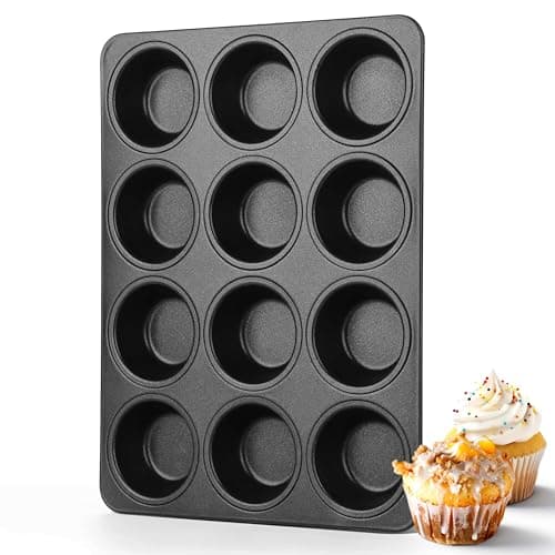 Herogo 12-Cup Nonstick Muffin Pan Tin for Baking, Metal Nonstick Cupcake Tray Set for Making Egg Muffin Quiches, Mini Brownie, Easy to Clean & Quick Release, Oven & Dishwasher Safe, Black - Image 1