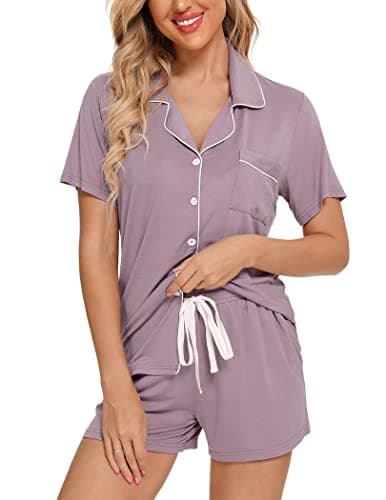 Samring Womens Shorts Pajama Set Soft Summer Nightwear Short Sleeve 2 Piece Button up Pajamas Sleepwear Pj Lounge Sets Violet XXL - Image 1