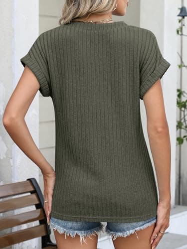 ANRABESS Womens Short Sleeve Henley Shirts V Neck Summer Sweaters 2026 Spring Business Tunic Tops Dressy Casual Work Blouses Deep Green X-Large - Thumbnail 5