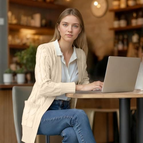 Women's Cable Knit Cardigan - Open Front Button Up Sweater with Pockets, Chunky Cardigan for Winter Women's Cardigan Beige - Thumbnail 3