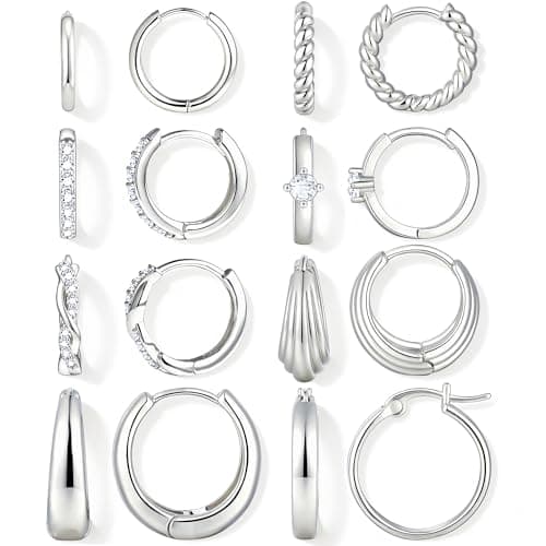 Small Silver Hoop Earrings for Women, 14K White Gold Plated Dainty CZ Huggie Earring Sets for Multiple Piercing, Cartilage Earring Stacks Jewelry Gift