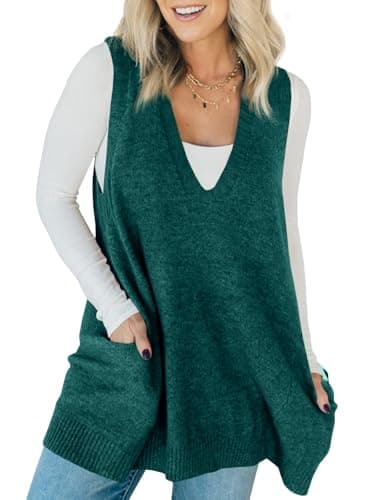 Saodimallsu Womens Sleeveless Sweater Vest V Neck Loose Knit Casual A Line Flattering Tunic Top with Pockets Green - Image 1