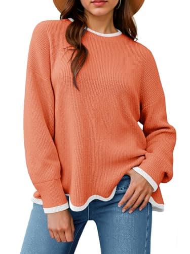 Saodimallsu Womens Burnt Orange Pullover Sweaters Crewneck KnitJumpers with Wave Hem Long Sleeve Trendy Sweater Tops - Image 1