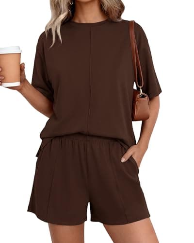 BTFBM Casual 2 Piece Sets For Women Summer 2026 Short Sleeve Tops Shorts Spring Lounge Matching Workout Airport Outfits(Dark Brown,Small) - Image 1