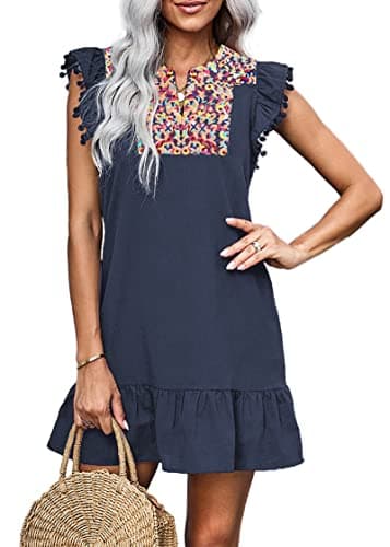 KIRUNDO Women's 2026 Summer Mini Dress Spring Casual V Neck Floral Embroidered Ruffle Sleeveless Shift Flowy Boho Dress (B-Navy, Medium) - Image 1