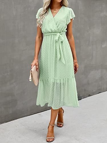BTFBM Women Summer Bohemian Floral Casual Wrap V Neck Ruffle Cap Sleeveless Belt A-Line Pleated Hem Swing Midi Sun Dress (Swiss Dot Light Green, m) - Thumbnail 2