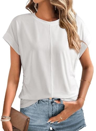 Dokotoo Womens Tank Tops Round Neck Cap Sleeve Side Ruched Vest Tops for Women White Tank Top Woman Spring Tops for Women 2025 White XX Large - Image 1