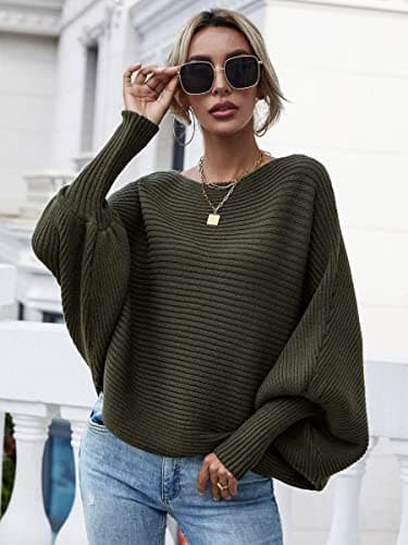 ECOWISH Sweaters for Women Batwing Sleeve Oversized Dropped Shoulder Ribbed Cuff Knit Solid Pullover Sweater 243 Army Green Small - Thumbnail 3