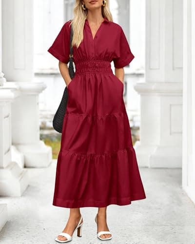 BTFBM Wedding Guest Dresses for Women Beach Fashion Casual Short Sleeve V Neck Solid Spring Summer Boho Maxi Dress (Wine Red,Medium) - Thumbnail 2