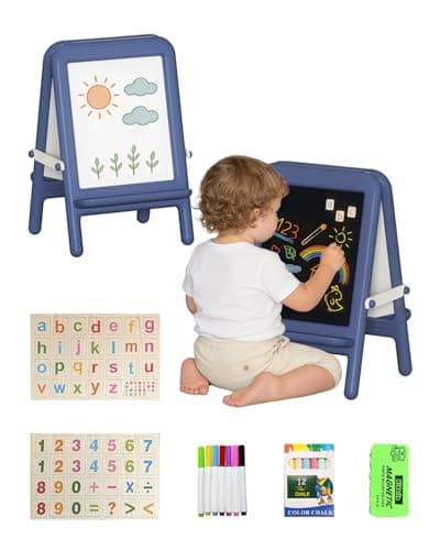hoopyosms Tabletop Art Easel for Kids Double-Sided Kids Easel with Whiteboard & Chalkboard Toddler Art Easel for 2-4 Portable Painting Easel for Kids with Accessories Desktop Easel, Blue - Image 1