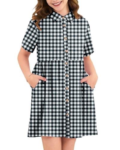 Girl's Summer Short Sleeve Loose Babydoll Dress Casual Kids Button Down Mini Sundresses with Pockets 2026 Black White Plaid 11-12 - Image 1