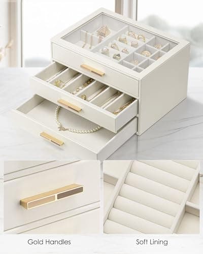 VLANDO Jewelry Box for Women, Glass Lid Jewelry Organizer with 3 Drawers for Necklaces Rings Earrings Bracelets Mother Day Gift for Mom - Cloud White - Thumbnail 5