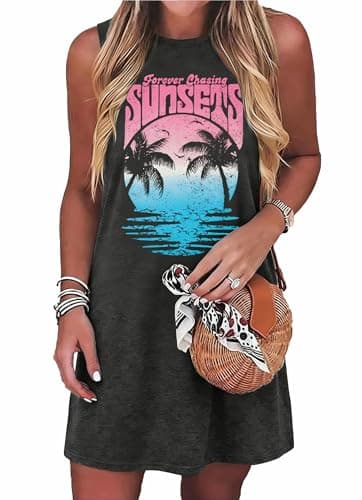 Summer Sundress for Women Beach Tank Dress Sleeveless Graphic T Dress Short Casual Sun Dresses Beach Cover Up Gray - Image 1