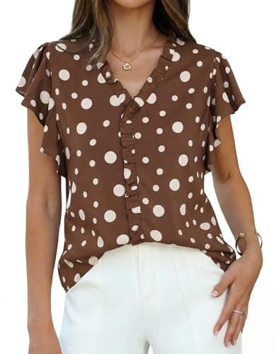GRACE KARIN 2026 Boho Tops for Women Dressy Casual,Ruffle Sleeve Chiffon Blouses,V Neck Summer Fashion Clothes Chestnut XL - Image 1