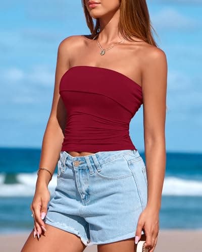 BTFBM Womens Strapless Tube Tops Spring Summer Clothes 2026 Trendy Casual Ruched Stretchy Going Out Bodycon Bandeau Top(Wine Red, XX-Large) - Thumbnail 5