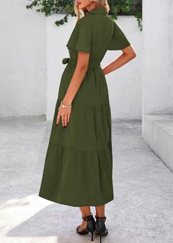 KIRUNDO Summer Button Down Wedding Guest Shirt Dresses for Women Maxi Flutter Short Sleeve Flowy Tiered Beach Sun Dress(Army Green, X-Large) - Thumbnail 2