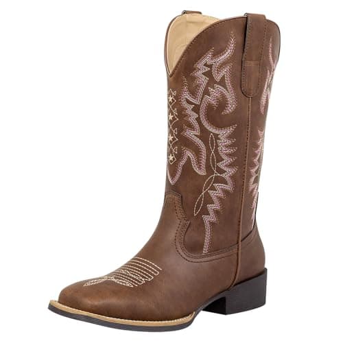 J's.o.l.e Square Toe Cowboy Boots for Women, Wide Calf Cowgirl Boots with Fashion Embroidery, Comfortable Mid-Calf Western Boots for Daily Casual Country Concert Brown US 7 - Image 1