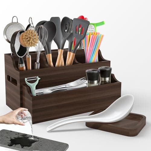 DIOLOVE 2-in-1 Large Wooden Utensil Holder for Kitchen Counter - Modular Stackable Cooking Utensil Organizer with Diatomite Absorbent Mat & Spoon Rest - Wall Mount Spatula Caddy & Silverware Storage - Image 1