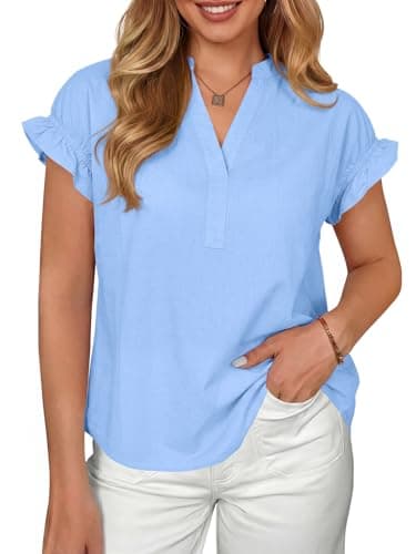 Tankaneo Womens Dressy Casual Tops Ruffle Short Sleeve V Neck Work Blouses Summer Business Casual Cotton Shirts Light Blue - Image 1