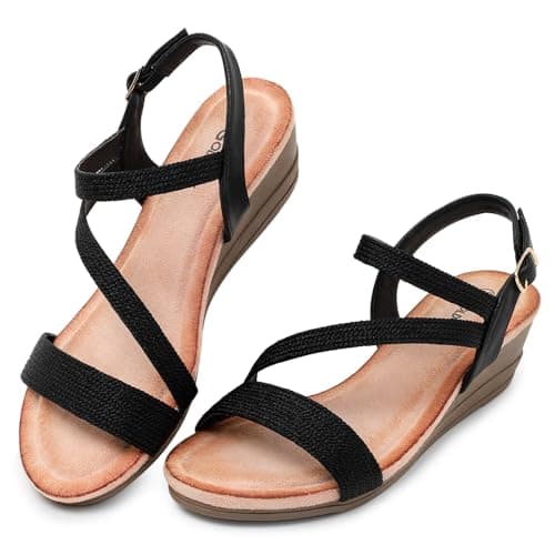 Goldnut Black Wedge Sandals for Women Dressy: Summer Low Wedges Sandal - Women's Black Strappy Sandals Comfortable Casual Size 5 - Image 1