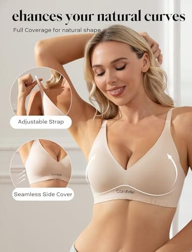 COMFELIE Invisible Wireless Bra for Women Seamless Full Coverage Bralette with Soft Support and Underarm Smoothing Beige - Thumbnail 2