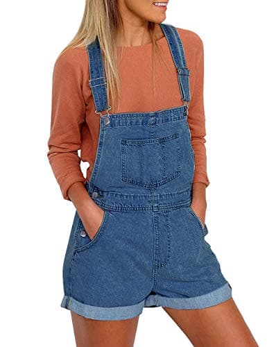 Vetinee Women's Dark Blue Classic Adjustable Straps Cuffed Hem Denim Bib Overall Shorts Medium - Image 1