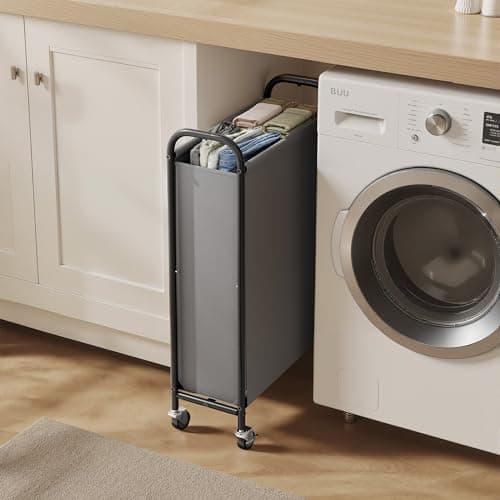 GRANNY SAYS 80L Slim Laundry Hamper with Wheels, Fabric Rolling Laundry Basket, Narrow Clothes Organizer, Tall Hamper for Closet, Laundry Room, Bathroom, Grey - Thumbnail 4