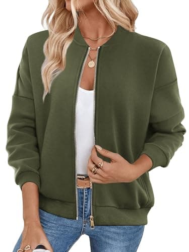 GEMLON Womens Zip Up Sweatshirts Jackets Long Sleeve Casual Loose Outwear with Pockets Army Green L - Image 1