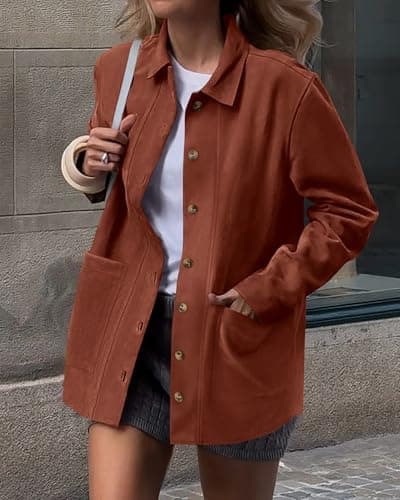 BTFBM Faux Suede Jacket Women Fall Fashion 2026 Leather Jackets Long Sleeve Button Down Winter Coats Shackets Outerwear(Rust, Medium) - Thumbnail 2