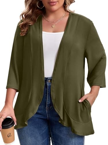 MK Shop Limited Plus Size Cardigan for Women Casual 3/4 Sleeve Lightweight Soft Open Front Cardigans with Pockets Army Green 2XL - Image 1